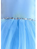 Beaded Blue Satin Tulle Heart Back Flower Girl Dress